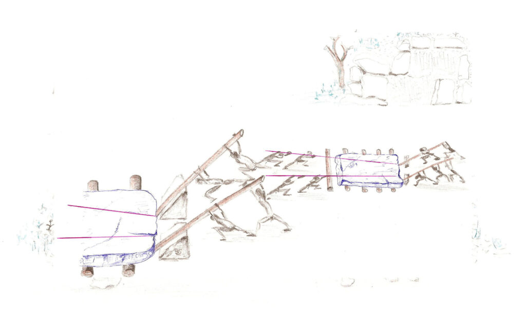 El movimiento de piedras se realiza con troncos rodantes, palancas y sogas.