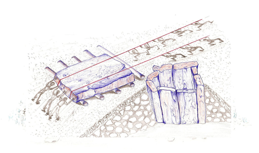 El último gran movimiento de piedras es la subida de la cubierta por la rampa mediante troncos y sogas. Ya se observa la cámara a falta de la piedra superior de cierre.
