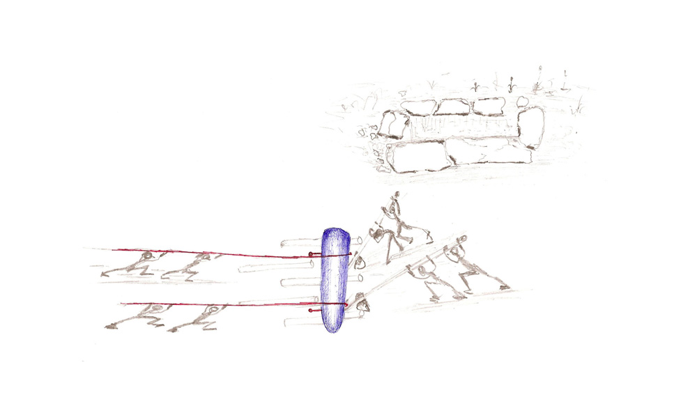 Una vez que el menhir se saca de la cantera se transporta mediente troncos rodantes.