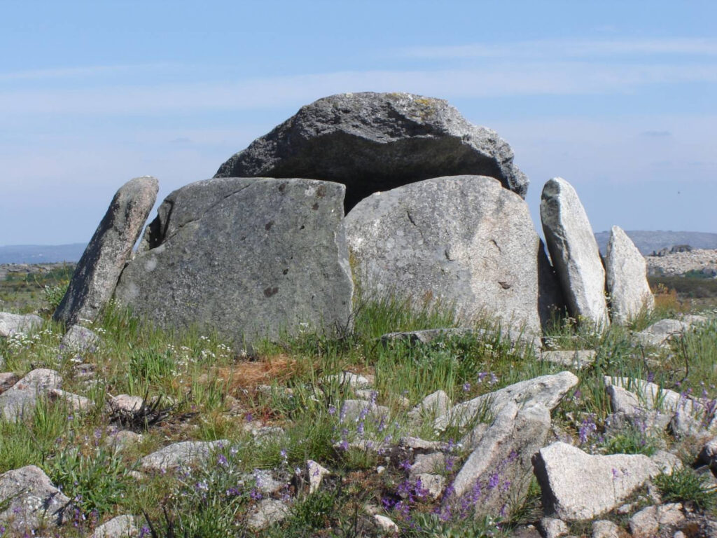 Dolmen de Orca das Seixas, en medio de una planicie.